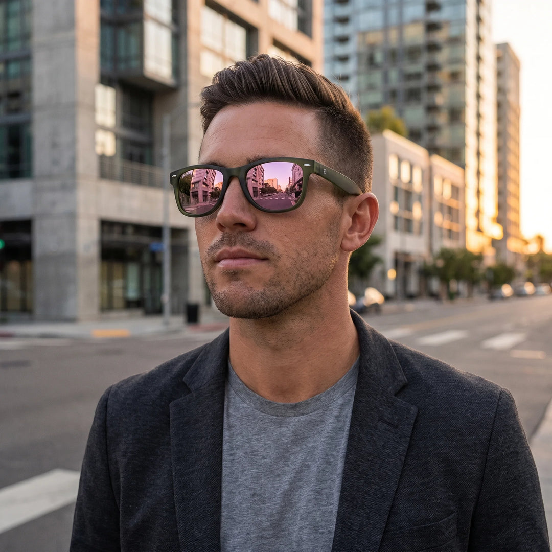 Hombre usando lentes sol Acacia RPET Olive polarizados UV400 hombre estilo urbano ciudad moderna Bonoboss #color_espejado-pink