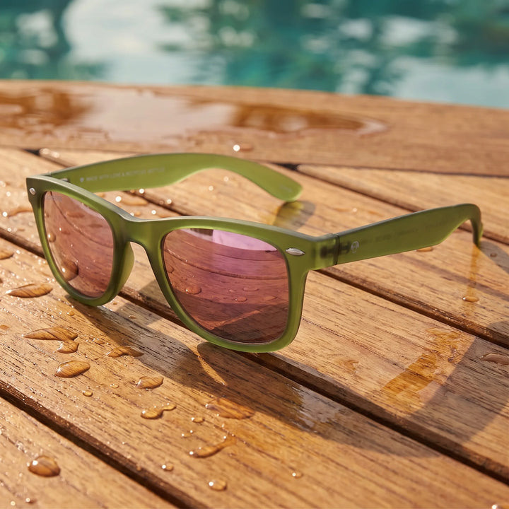 Lentes sol Acacia RPET Olive polarizados UV400 sobre madera teca con agua fresca Bonoboss #color_espejado-pink