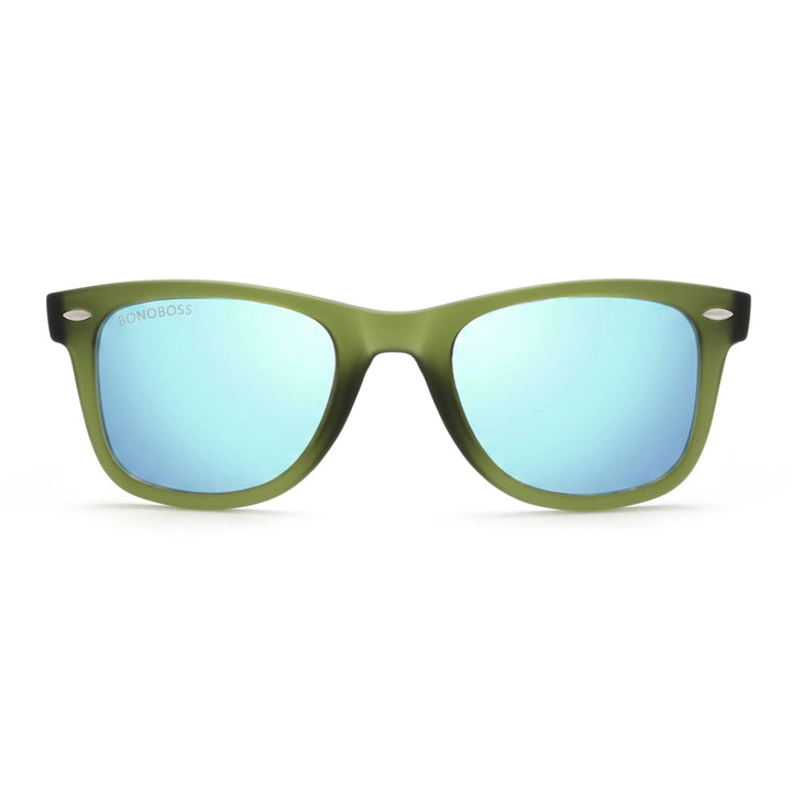 Acacia RPET Olive lentes de sol cristal Espejado Azul vista frontal unisex madera reciclada #color_espejado-azul