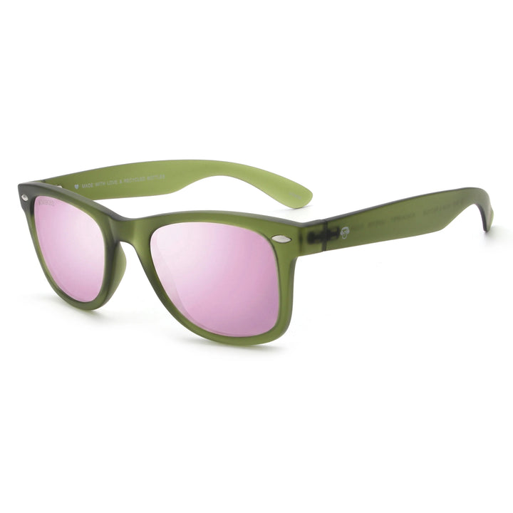 Acacia RPET Olive lentes de sol cristal Espejado Pink vista tres cuartos unisex madera reciclada #color_espejado-pink