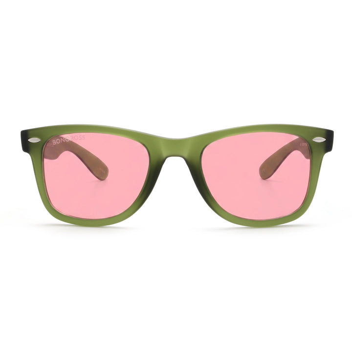Acacia RPET Olive lentes de sol cristal Pink vista frontal unisex madera reciclada #color_pink