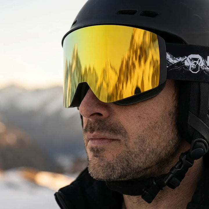 Bonoboss Antiparra Magnet Powder Talla L Dorado - close-up casco antiparras puestas #editorial_lifestyle2 #color_dorado