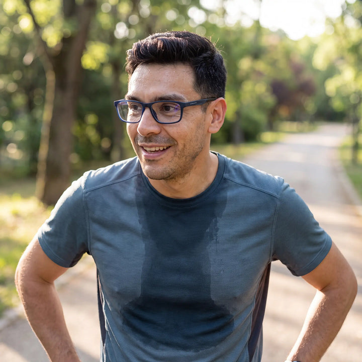 Lentes ópticos deportivos Bonoboss Bryant Azul, hombre practicando running al aire libre con el armazón puesto #editorial_modelo1 #color_azul
