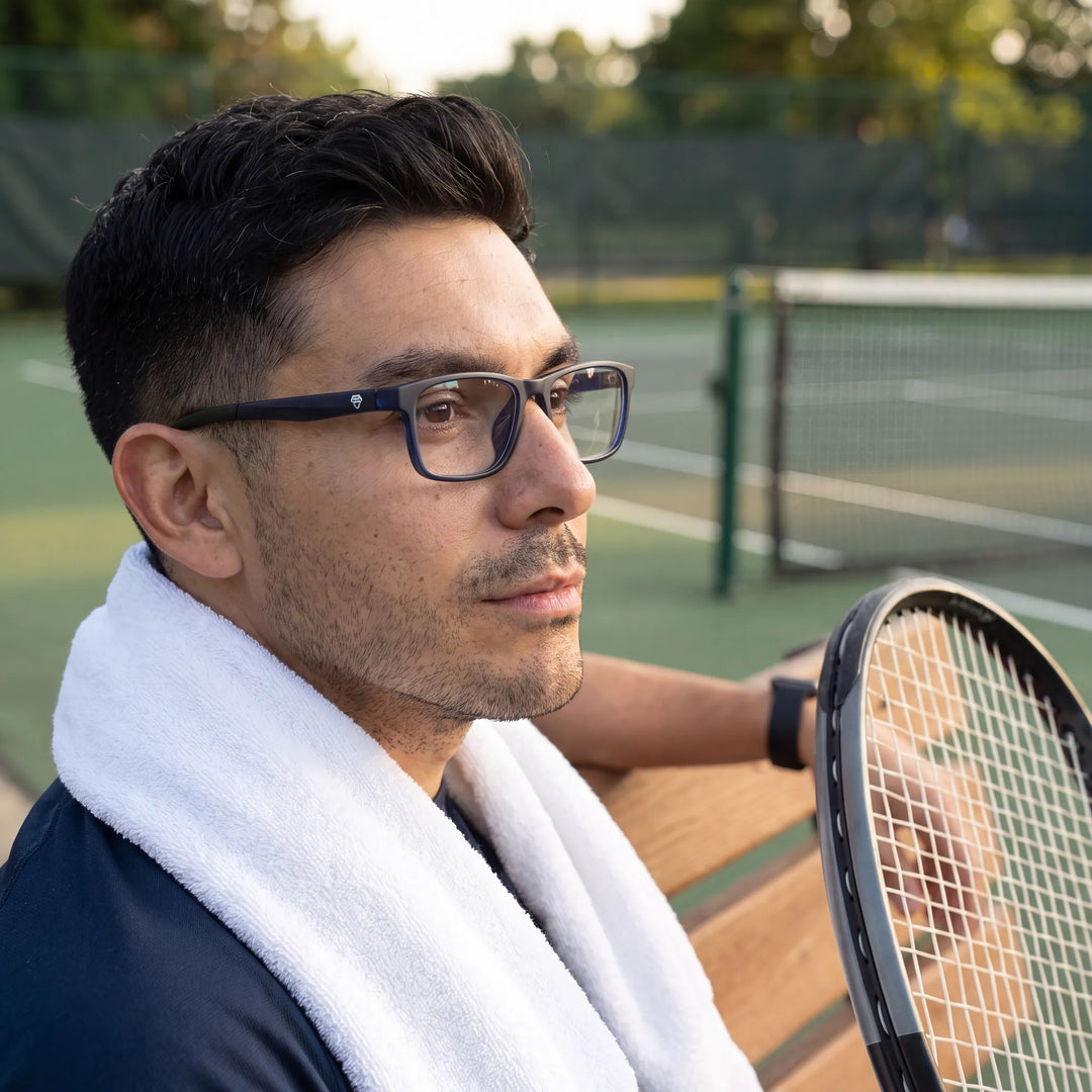 Lentes ópticos deportivos Bonoboss Bryant Azul, hombre practicando tenis al aire libre con el armazón puesto #editorial_modelo2 #color_azul