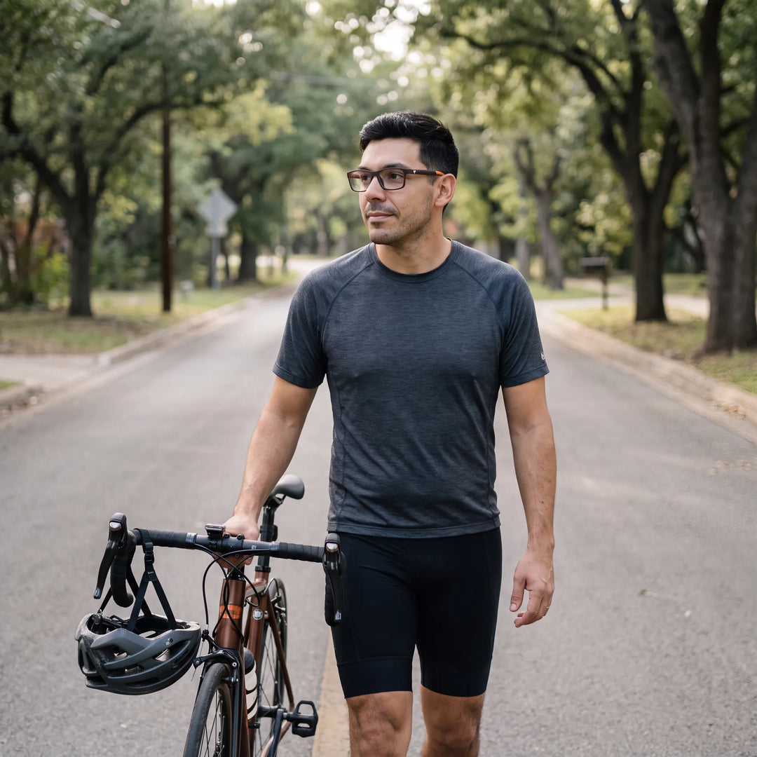Lentes ópticos deportivos Bonoboss Bryant Naranjo, hombre practicando ciclismo al aire libre con el armazón puesto #editorial_modelo6 #color_naranjo