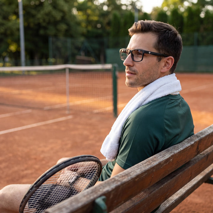 Lentes ópticos deportivos Bonoboss Bryant Negro, hombre practicando tenis al aire libre con el armazón puesto #editorial_modelo2 #color_negro