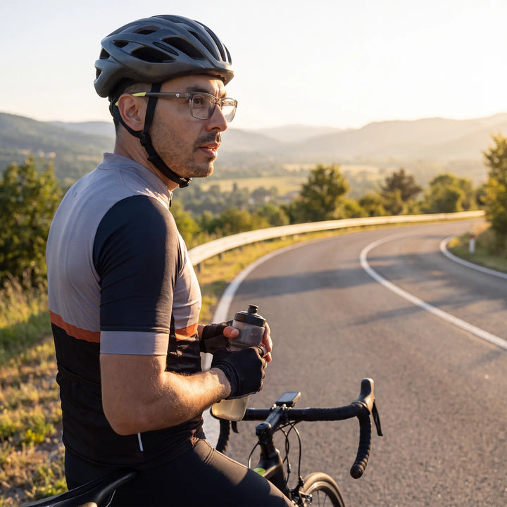 Lentes ópticos deportivos Bonoboss Bryant Verde, hombre practicando ciclismo al aire libre con el armazón puesto #editorial_modelo4 #color_verde