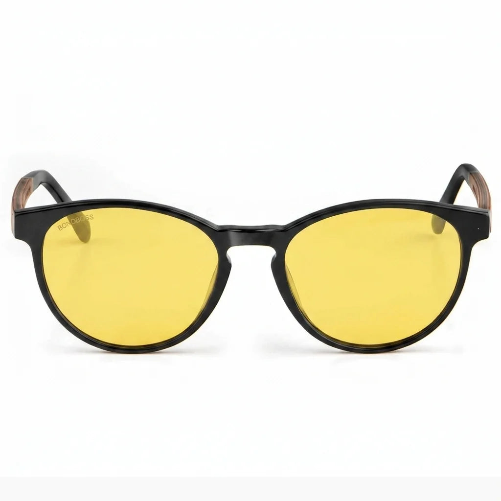 Lentes de sol Bonoboss Chiloé 220 Negro cristal Amarillo vista frontal armazón bio-acetato varilla madera UV400 #editorial_frontal #color_amarillo