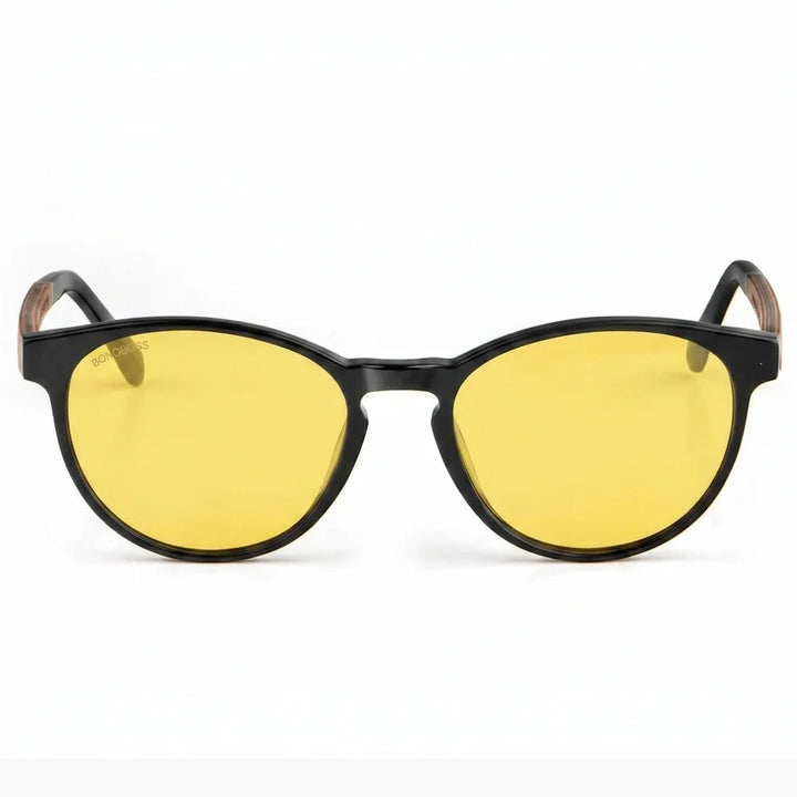 Lentes de sol Bonoboss Chiloé 220 Negro cristal Amarillo vista frontal armazón bio-acetato varilla madera UV400 #editorial_frontal #color_amarillo