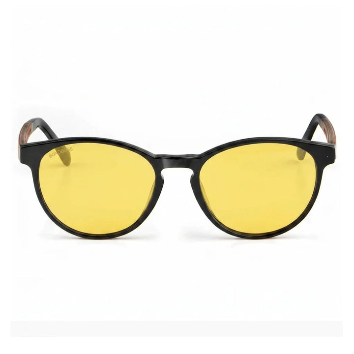 Lentes de sol Bonoboss Chiloé 220 Negro cristal Amarillo vista frontal armazón bio-acetato varilla madera UV400 #editorial_frontal #color_amarillo