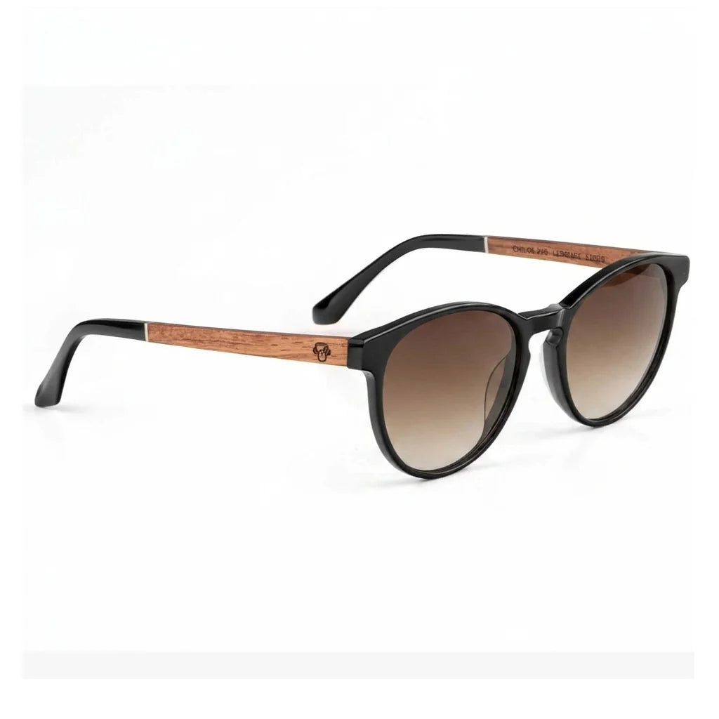 Lentes de sol Bonoboss Chiloé 220 Negro cristal Degradé Café vista tres cuartos armazón bio-acetato varilla madera UV400 #editorial_angulo45 #color_degrade_cafe