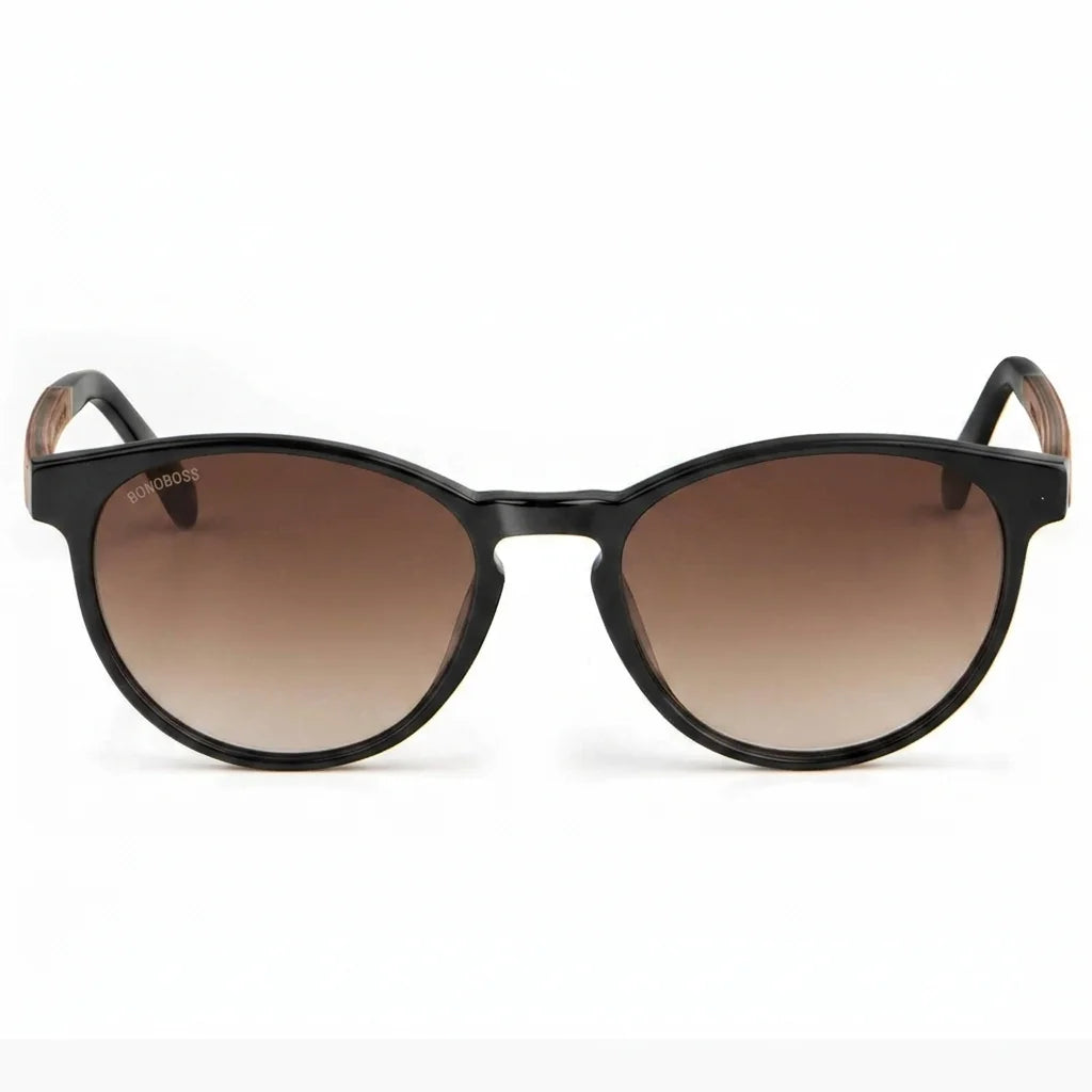 Lentes de sol Bonoboss Chiloé 220 Negro cristal Degradé Café vista frontal armazón bio-acetato varilla madera UV400 #editorial_frontal #color_degrade_cafe
