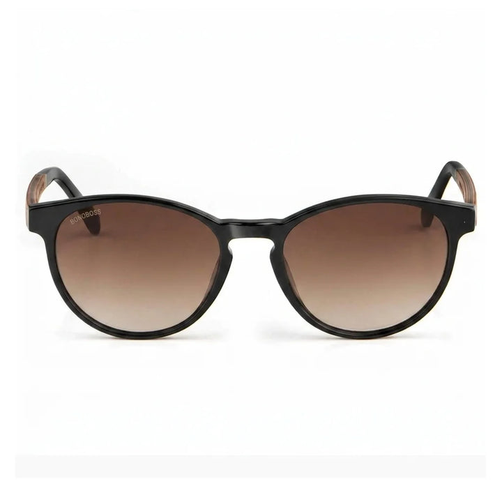 Lentes de sol Bonoboss Chiloé 220 Negro cristal Degradé Café vista frontal armazón bio-acetato varilla madera UV400 #editorial_frontal #color_degrade_cafe