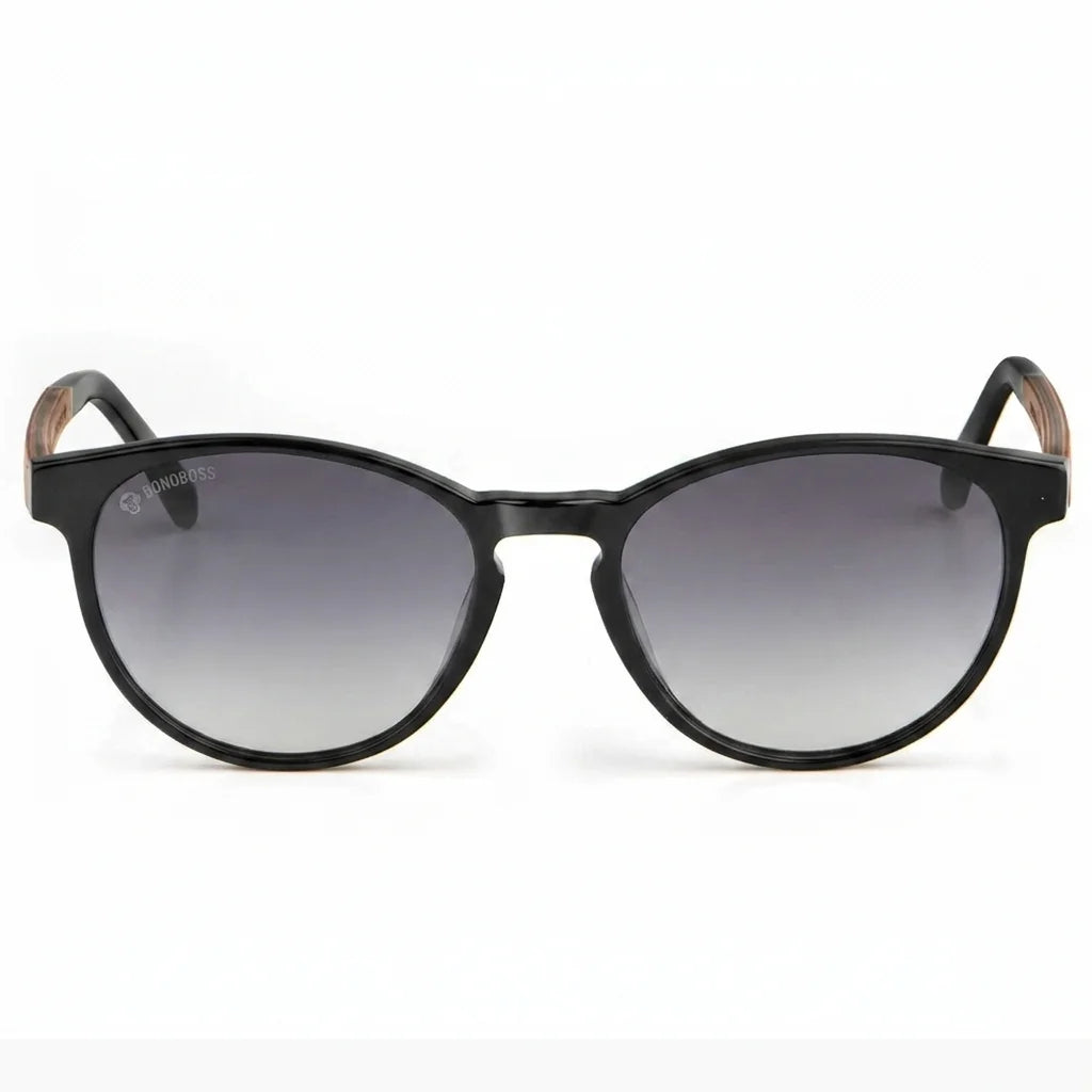 Lentes de sol Bonoboss Chiloé 220 Negro cristal Degradé Gris vista frontal armazón bio-acetato varilla madera UV400 #editorial_frontal #color_degrade_gris