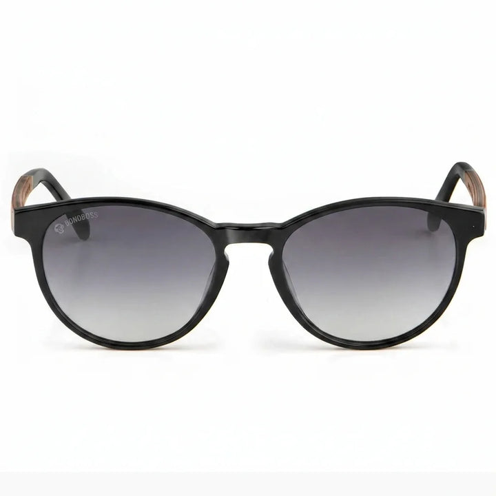 Lentes de sol Bonoboss Chiloé 220 Negro cristal Degradé Gris vista frontal armazón bio-acetato varilla madera UV400 #editorial_frontal #color_degrade_gris