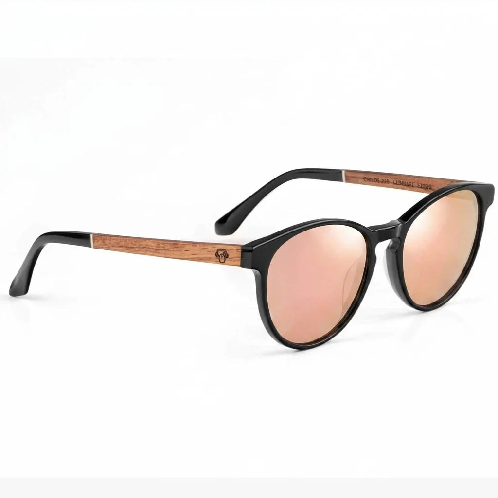 Lentes de sol Bonoboss Chiloé 220 Negro cristal Espejado Rosado vista tres cuartos armazón bio-acetato varilla madera UV400 #editorial_angulo45 #color_pink_mirror
