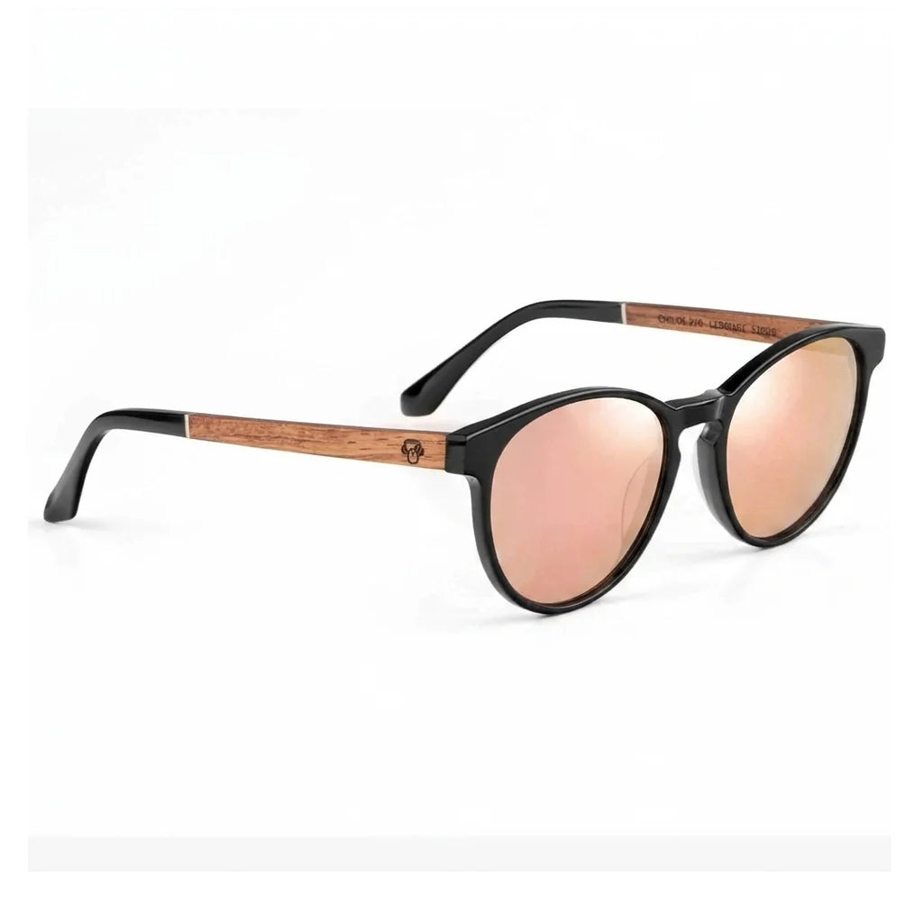 Lentes de sol Bonoboss Chiloé 220 Negro cristal Espejado Rosado vista tres cuartos armazón bio-acetato varilla madera UV400 #editorial_angulo45 #color_pink_mirror