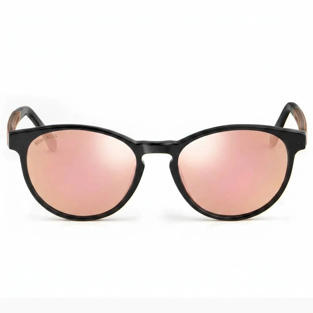 Lentes de sol Bonoboss Chiloé 220 Negro cristal Espejado Rosado vista frontal armazón bio-acetato varilla madera UV400 #editorial_frontal #color_pink_mirror