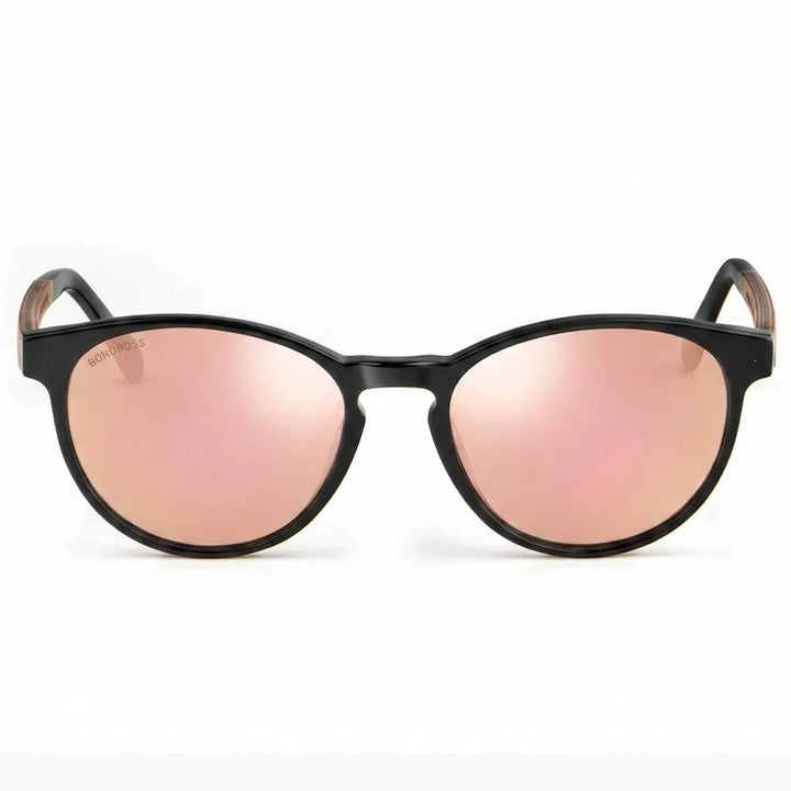 Lentes de sol Bonoboss Chiloé 220 Negro cristal Espejado Rosado vista frontal armazón bio-acetato varilla madera UV400 #editorial_frontal #color_pink_mirror