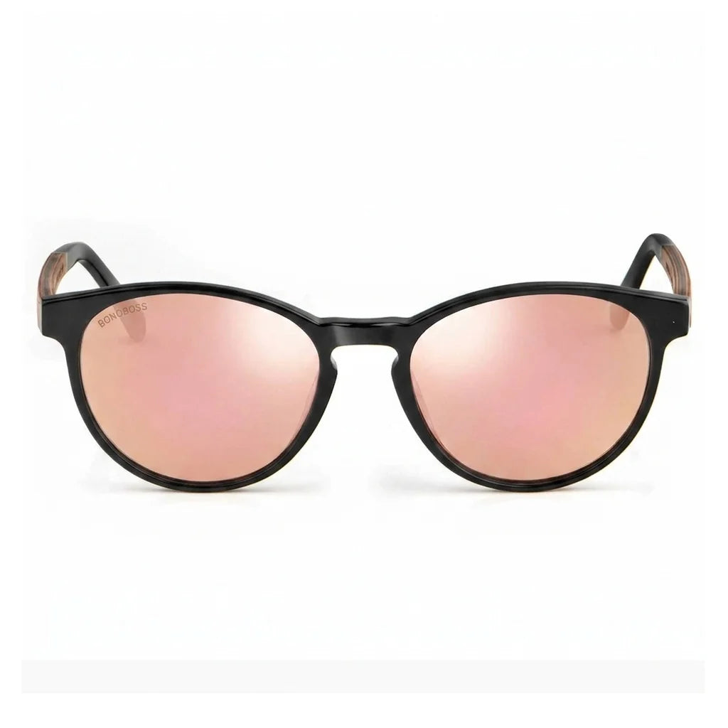 Lentes de sol Bonoboss Chiloé 220 Negro cristal Espejado Rosado vista frontal armazón bio-acetato varilla madera UV400 #editorial_frontal #color_pink_mirror