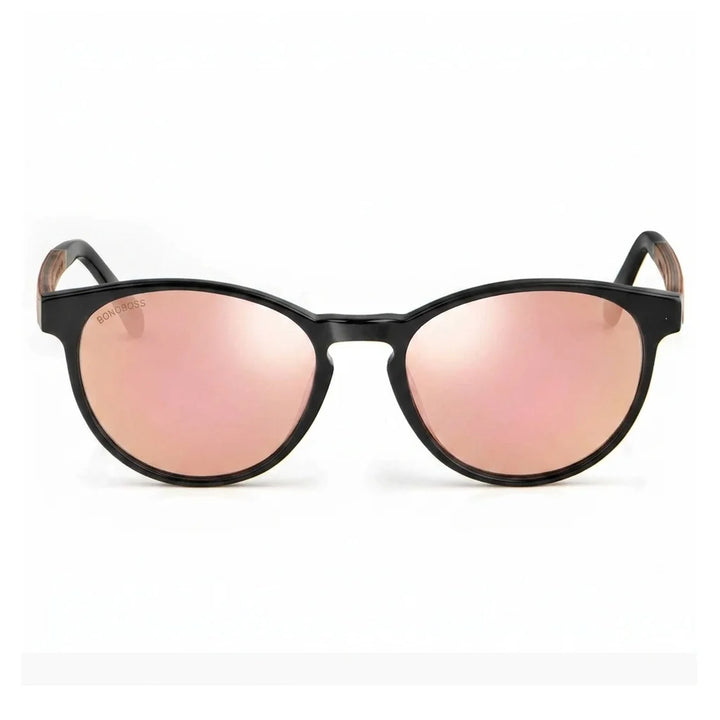 Lentes de sol Bonoboss Chiloé 220 Negro cristal Espejado Rosado vista frontal armazón bio-acetato varilla madera UV400 #editorial_frontal #color_pink_mirror
