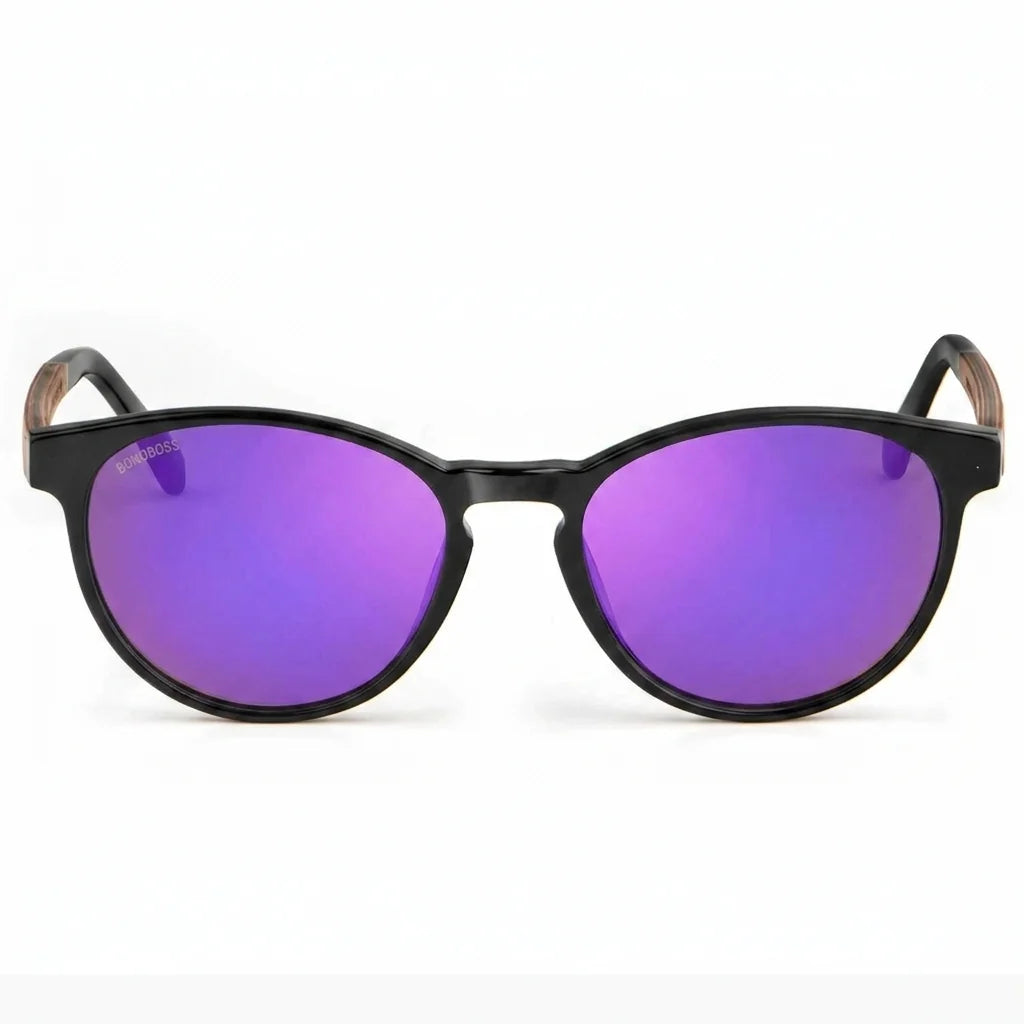 Lentes de sol Bonoboss Chiloé 220 Negro cristal Espejado Morado vista frontal armazón bio-acetato varilla madera UV400 #editorial_frontal #color_purple_mirror
