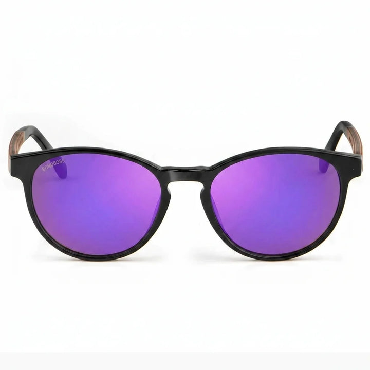 Lentes de sol Bonoboss Chiloé 220 Negro cristal Espejado Morado vista frontal armazón bio-acetato varilla madera UV400 #editorial_frontal #color_purple_mirror