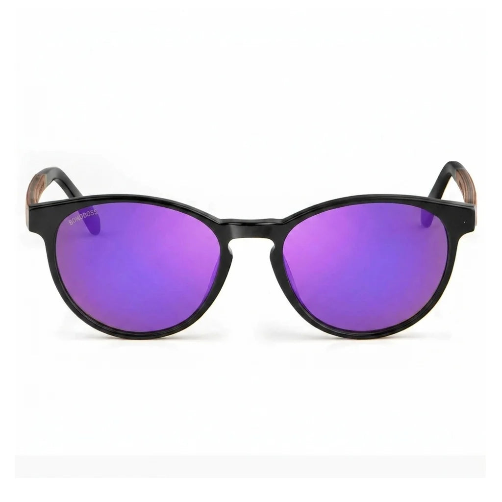 Lentes de sol Bonoboss Chiloé 220 Negro cristal Espejado Morado vista frontal armazón bio-acetato varilla madera UV400 #editorial_frontal #color_purple_mirror