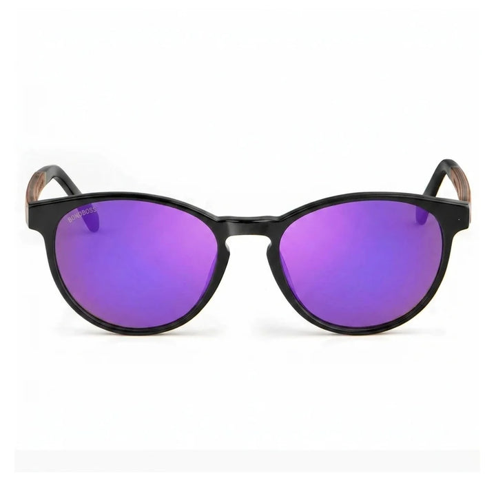 Lentes de sol Bonoboss Chiloé 220 Negro cristal Espejado Morado vista frontal armazón bio-acetato varilla madera UV400 #editorial_frontal #color_purple_mirror
