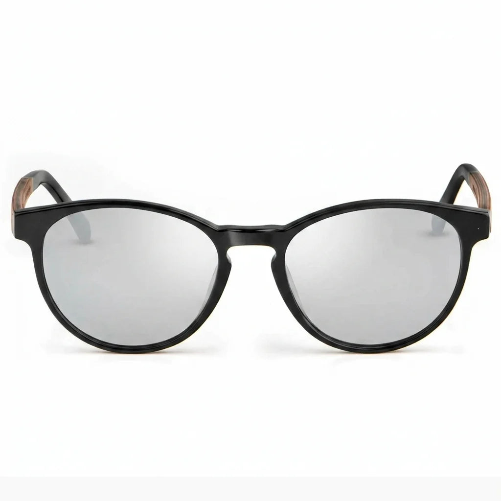 Lentes de sol Bonoboss Chiloé 220 Negro cristal Espejado Silver vista frontal armazón bio-acetato varilla madera UV400 #editorial_frontal #color_silver_mirror
