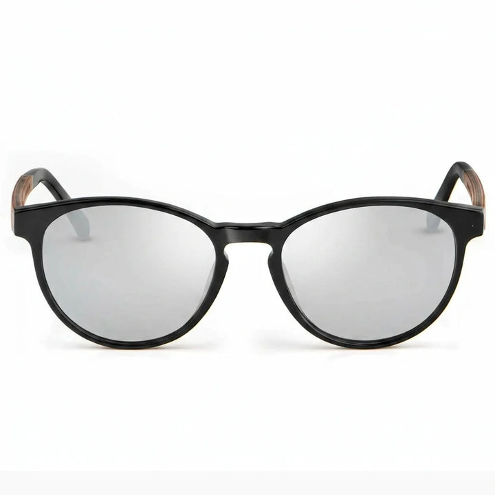Lentes de sol Bonoboss Chiloé 220 Negro cristal Espejado Silver vista frontal armazón bio-acetato varilla madera UV400 #editorial_frontal #color_silver_mirror
