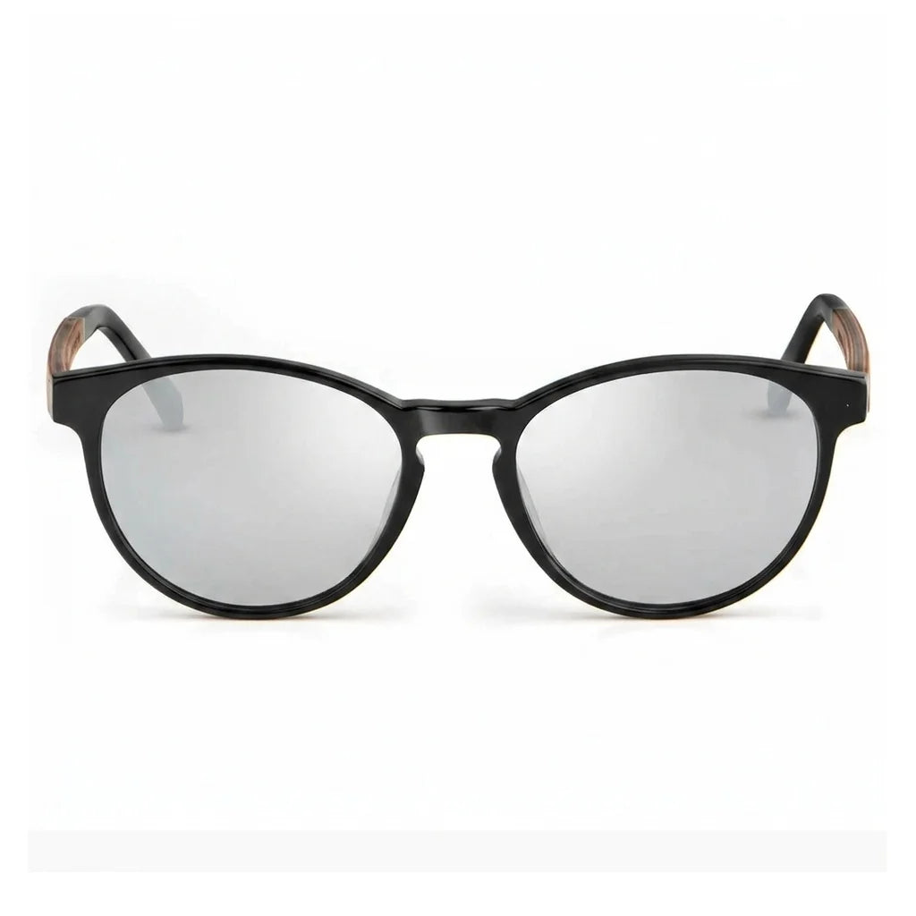 Lentes de sol Bonoboss Chiloé 220 Negro cristal Espejado Silver vista frontal armazón bio-acetato varilla madera UV400 #editorial_frontal #color_silver_mirror