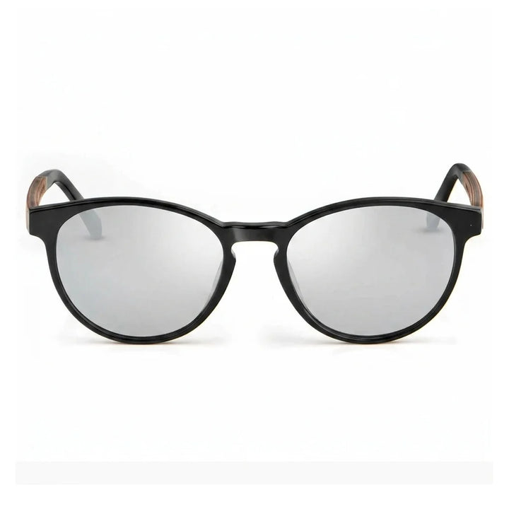 Lentes de sol Bonoboss Chiloé 220 Negro cristal Espejado Silver vista frontal armazón bio-acetato varilla madera UV400 #editorial_frontal #color_silver_mirror