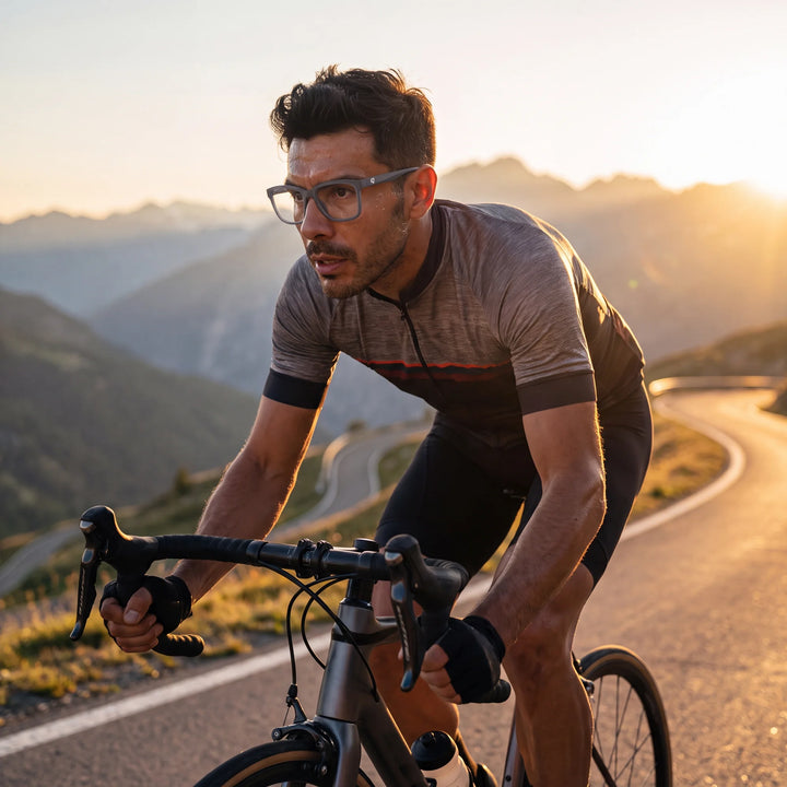 Lentes ópticos deportivos Bonoboss Comaneci Azul, hombre practicando ciclismo al aire libre con el armazón puesto #editorial_modelo2 #color_azul