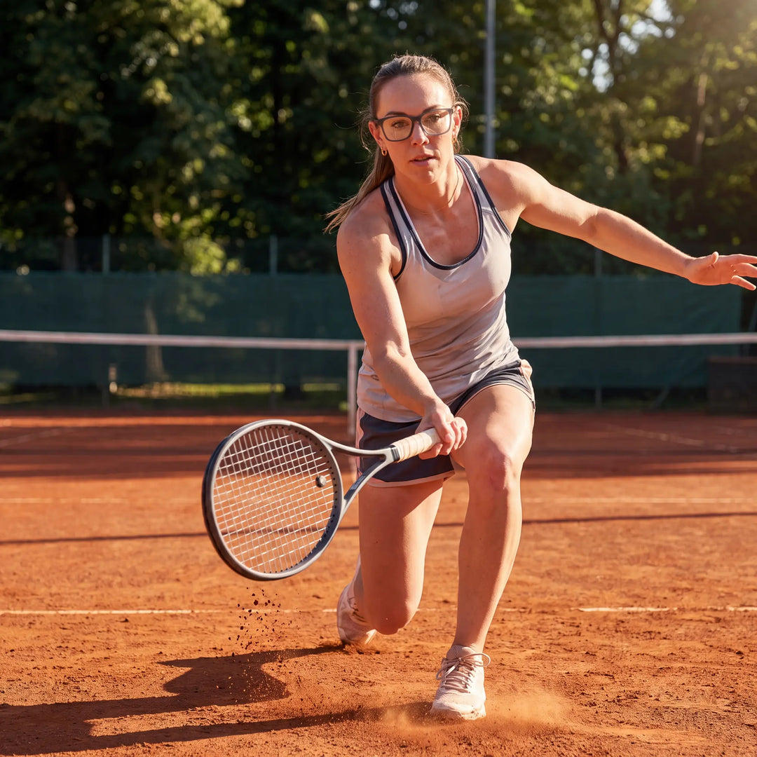 Lentes ópticos deportivos Bonoboss Comaneci Azul, mujer practicando tenis al aire libre con el armazón puesto #editorial_modelo5 #color_azul
