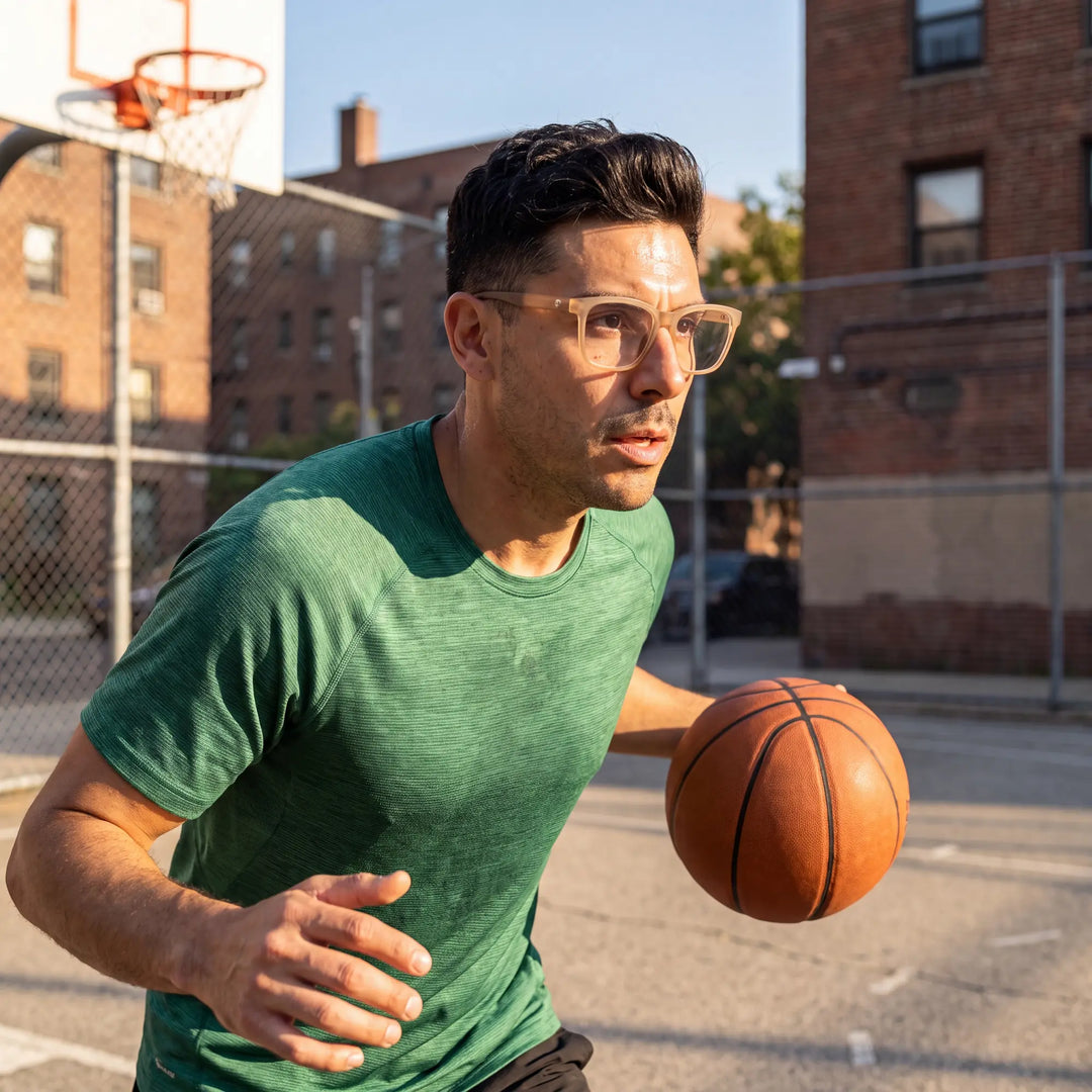 Lentes ópticos deportivos Bonoboss Comaneci Champagne, hombre practicando básquetbol al aire libre con el armazón puesto #editorial_modelo3 #color_champagne