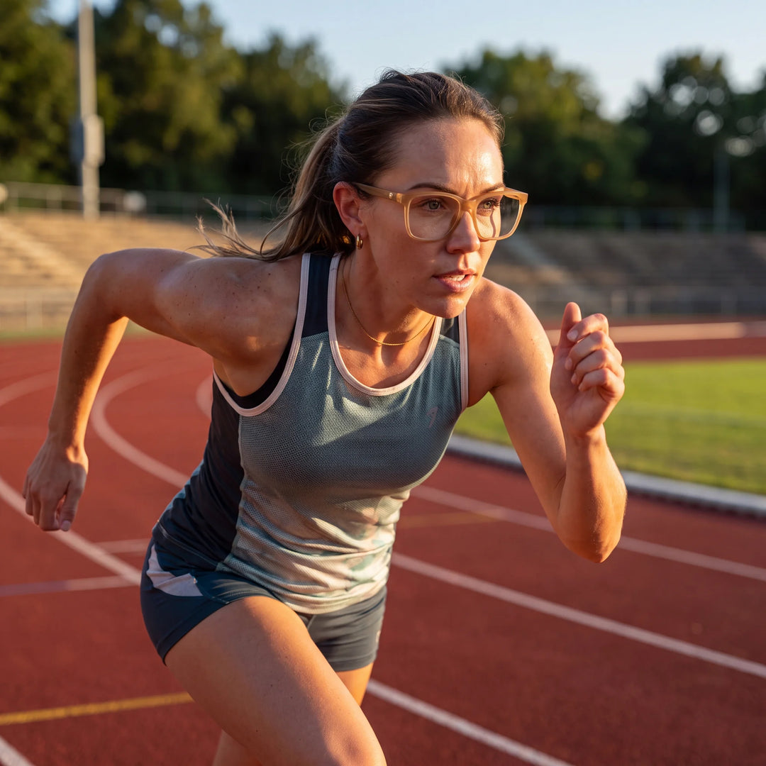 Lentes ópticos deportivos Bonoboss Comaneci Champagne, mujer practicando running al aire libre con el armazón puesto #editorial_modelo4 #color_champagne