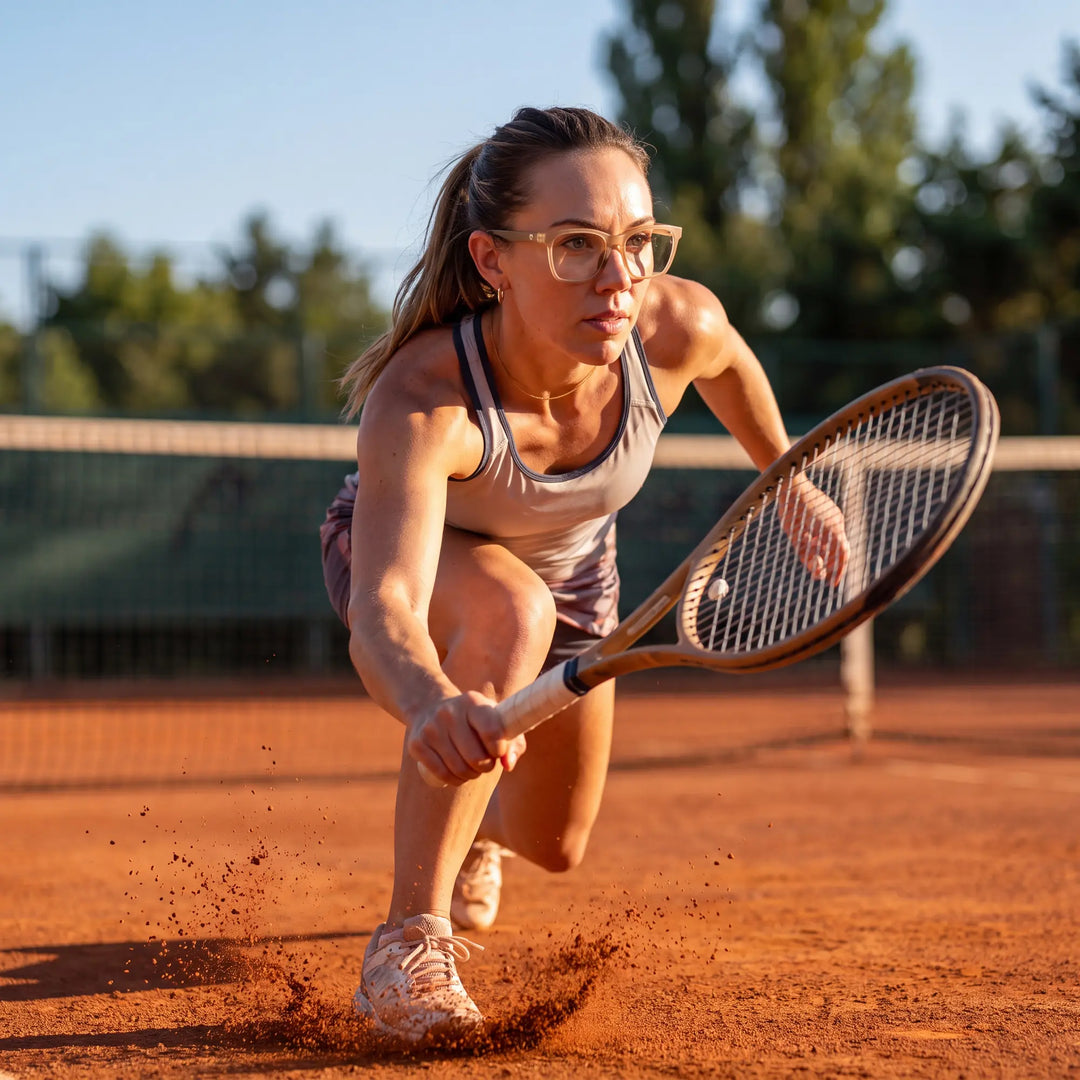 Lentes ópticos deportivos Bonoboss Comaneci Champagne, mujer practicando tenis al aire libre con el armazón puesto #editorial_modelo5 #color_champagne