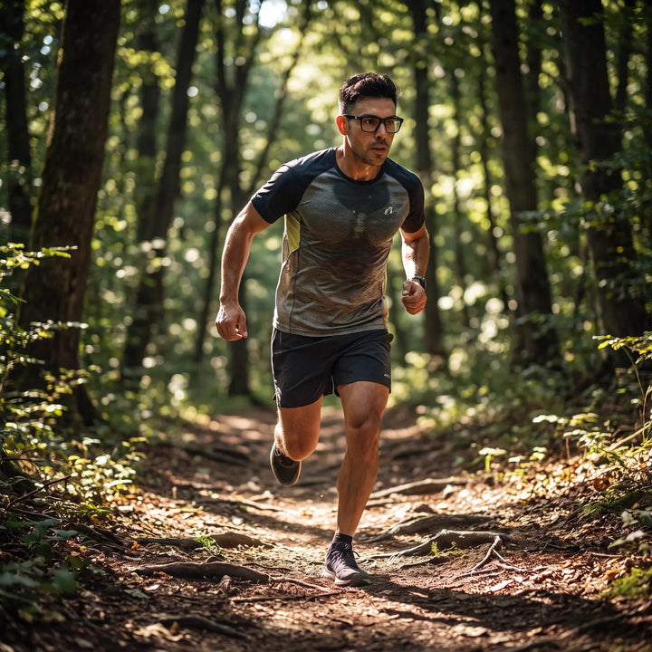 Lentes ópticos deportivos Bonoboss Comaneci Negro, hombre practicando running al aire libre con el armazón puesto #editorial_modelo1 #color_negro