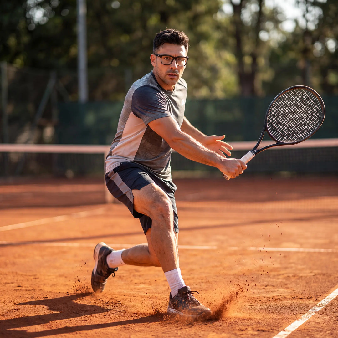 Lentes ópticos deportivos Bonoboss Comaneci Negro, hombre practicando tenis al aire libre con el armazón puesto #editorial_modelo2 #color_negro