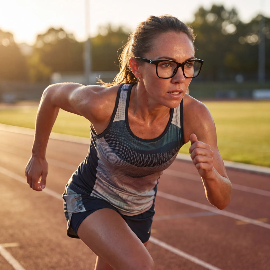 Lentes ópticos deportivos Bonoboss Comaneci Negro, mujer practicando running al aire libre con el armazón puesto #editorial_modelo4 #color_negro