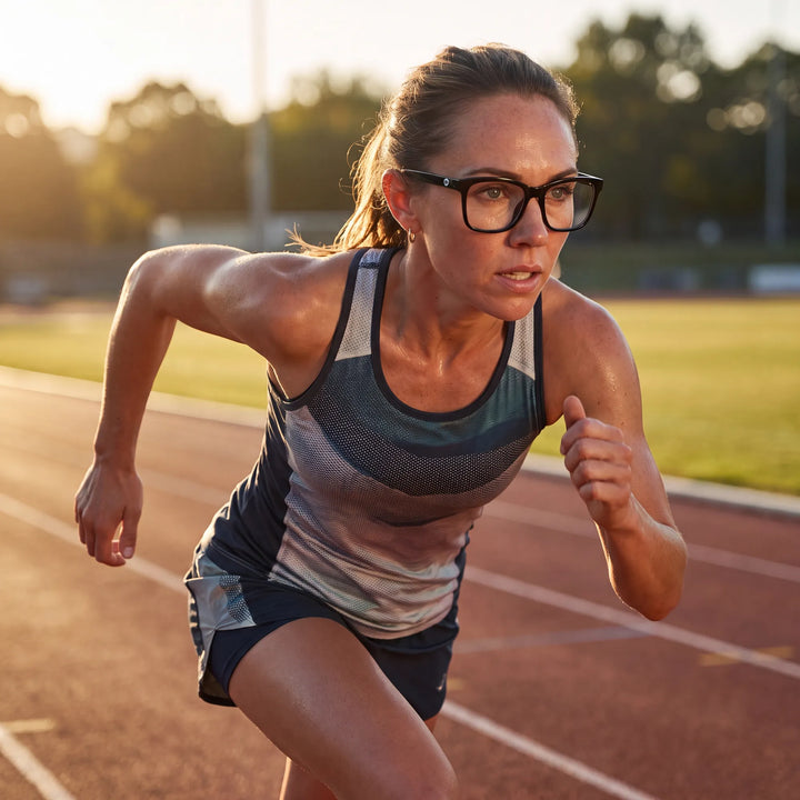 Lentes ópticos deportivos Bonoboss Comaneci Negro, mujer practicando running al aire libre con el armazón puesto #editorial_modelo4 #color_negro