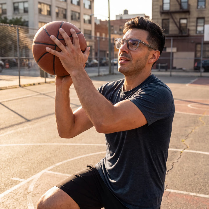 Lentes ópticos deportivos Bonoboss Comaneci Transparente, hombre practicando básquetbol al aire libre con el armazón puesto #editorial_modelo3 #color_transparente