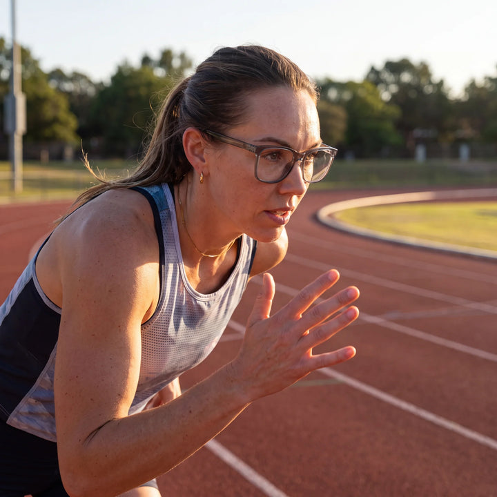 Lentes ópticos deportivos Bonoboss Comaneci Transparente, mujer practicando running al aire libre con el armazón puesto #editorial_modelo4 #color_transparente