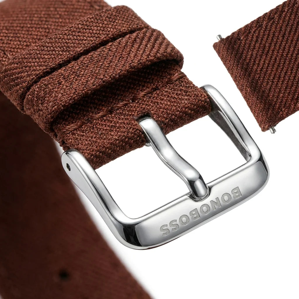 Bonoboss Correa Ultra Thin Nylon 22mm Cafe - macro detalle hebilla plateada #editorial_wb_buckle_detail #color_cafe