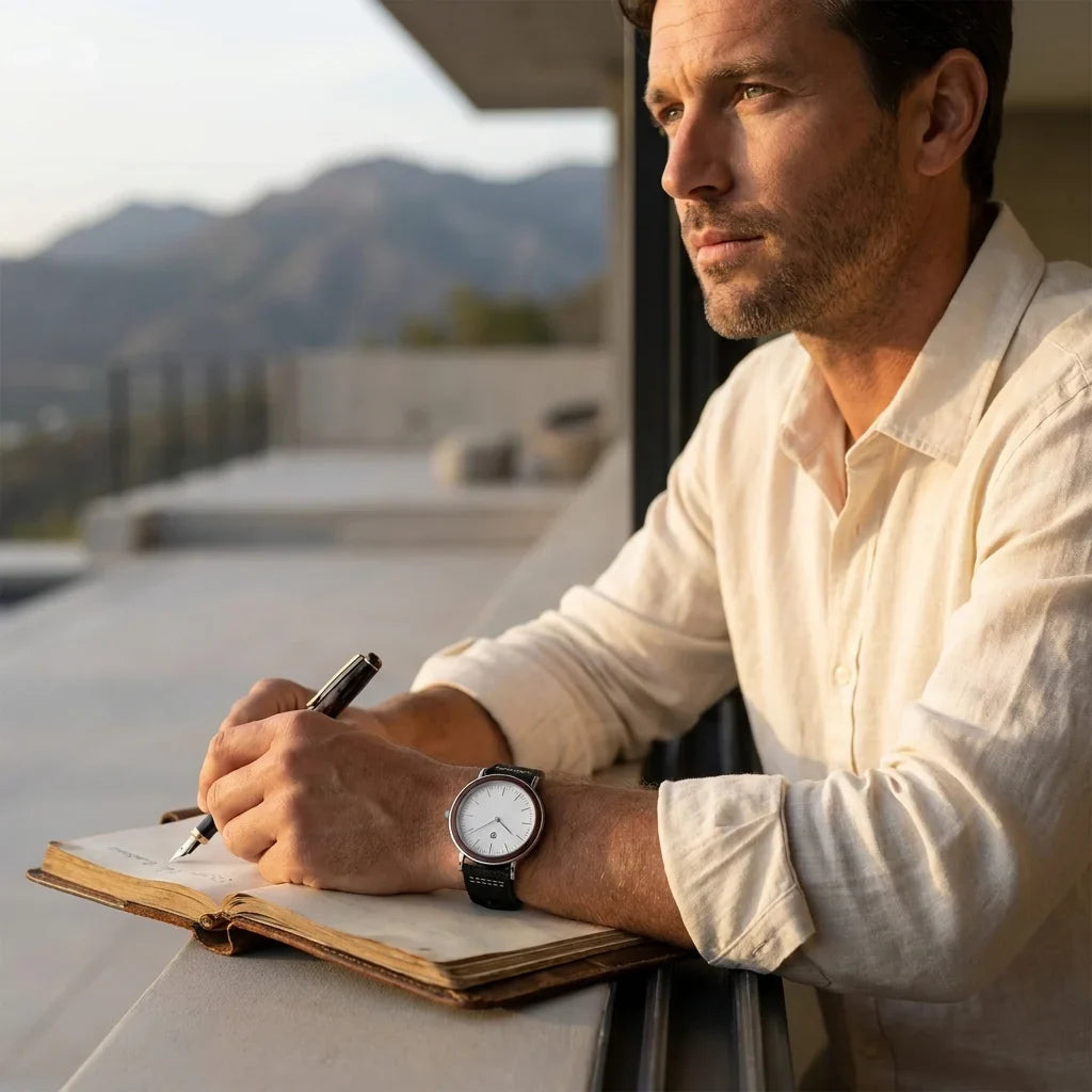 Bonoboss Correa Ultra Thin Nylon 22mm Negro - lifestyle editorial modelo con reloj #editorial_ctx_lifestyle_full #color_negro