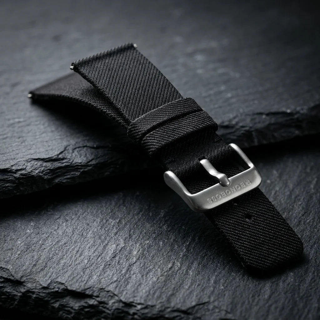 Bonoboss Correa Ultra Thin Nylon 22mm Negro - macro textura material natural (v2) #editorial_ctx_macro_texture_v2 #color_negro