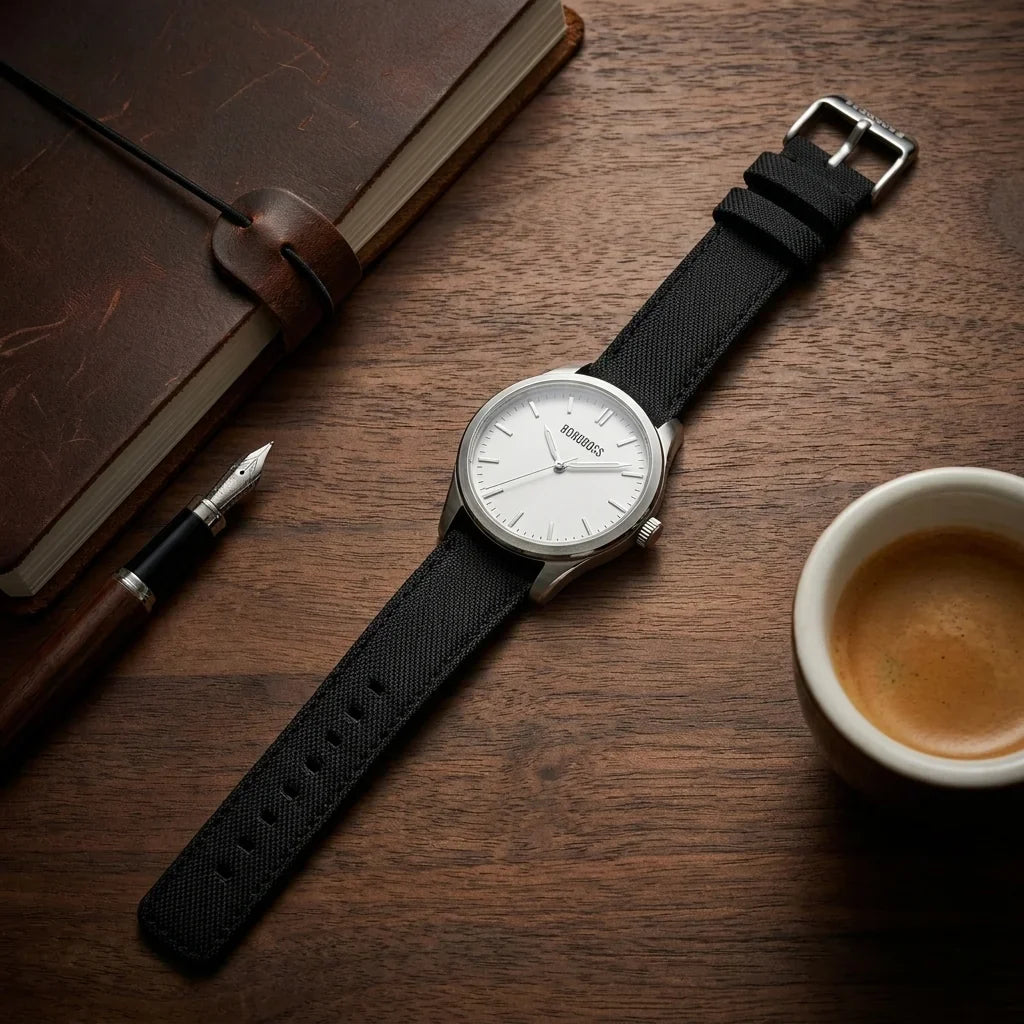 Bonoboss Correa Ultra Thin Nylon 22mm Negro - still life premium madera reloj props #editorial_ctx_premium_stilllife #color_negro
