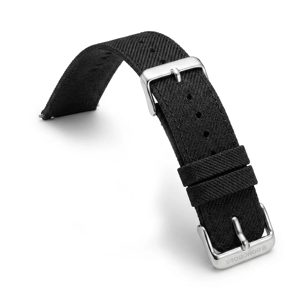 Bonoboss Correa Ultra Thin Nylon 22mm Negro - natural curl mostrando flexibilidad #editorial_wb_curled #color_negro