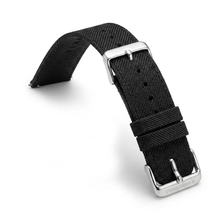 Bonoboss Correa Ultra Thin Nylon 22mm Negro - natural curl mostrando flexibilidad #editorial_wb_curled #color_negro